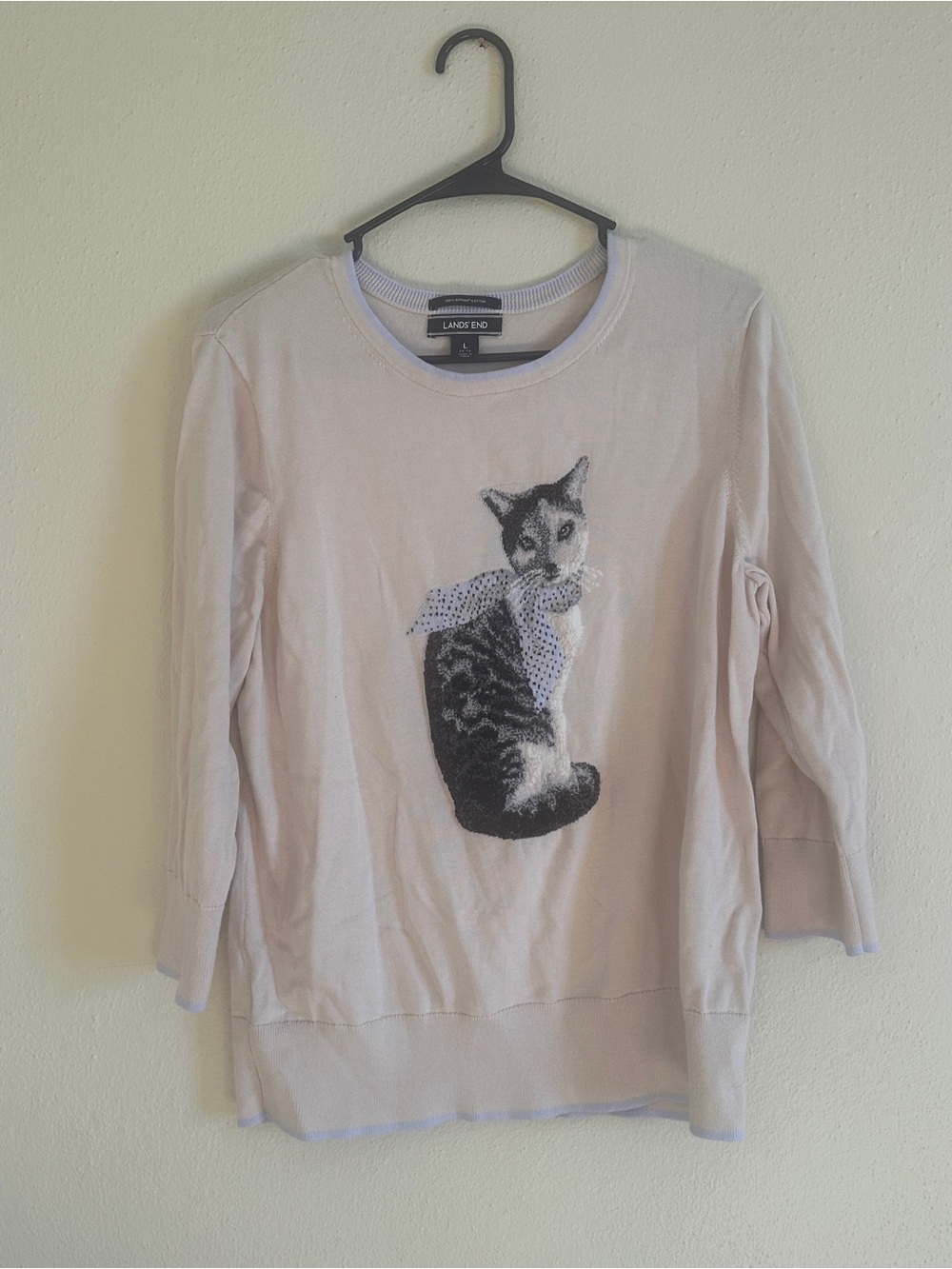 Lands' End Women's Cream Cat Graphic Quarter Sleeve Top